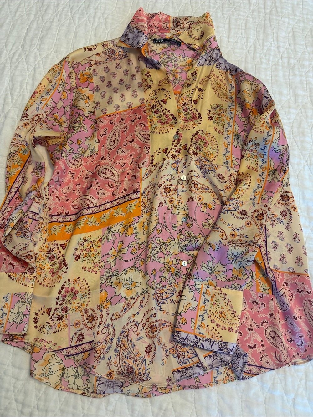 Patchwork Floral Button-Up Blouse in Pink & Cream